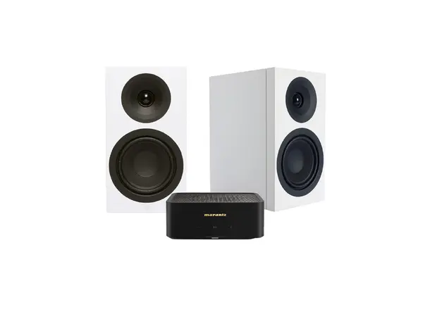 Marantz Model M1 og SA Signature 5 Hvit Stereopakke med forsterker og høyttalere 