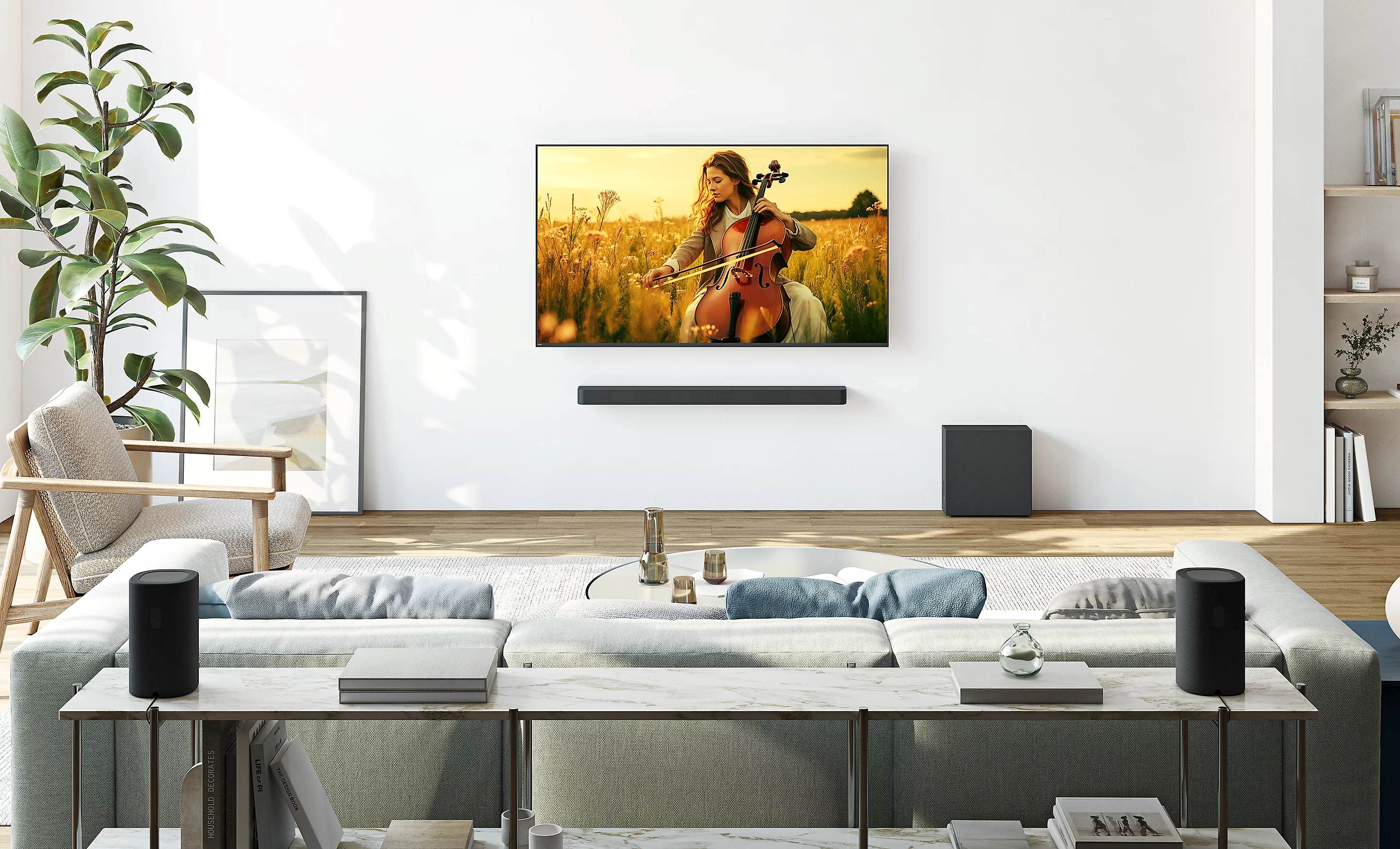 Sony Bravia Theatre Bar 7 lydplanke med trådløs subwoofer lifestyle bilde i stue hjemmekino