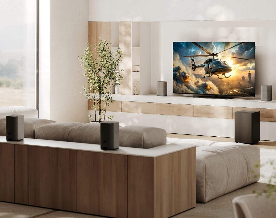 Loewe We Boost trådløst hjemmekinoanlegg musikksystem i stue med subwoofer
