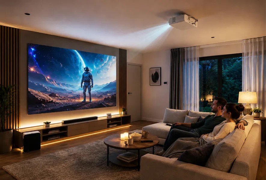 Projektor Epson eh-ls6000 4k lifestyle bilde i stue ser på film